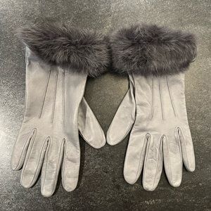 Grey Leather Gloves with Rabbit Fur Size 8